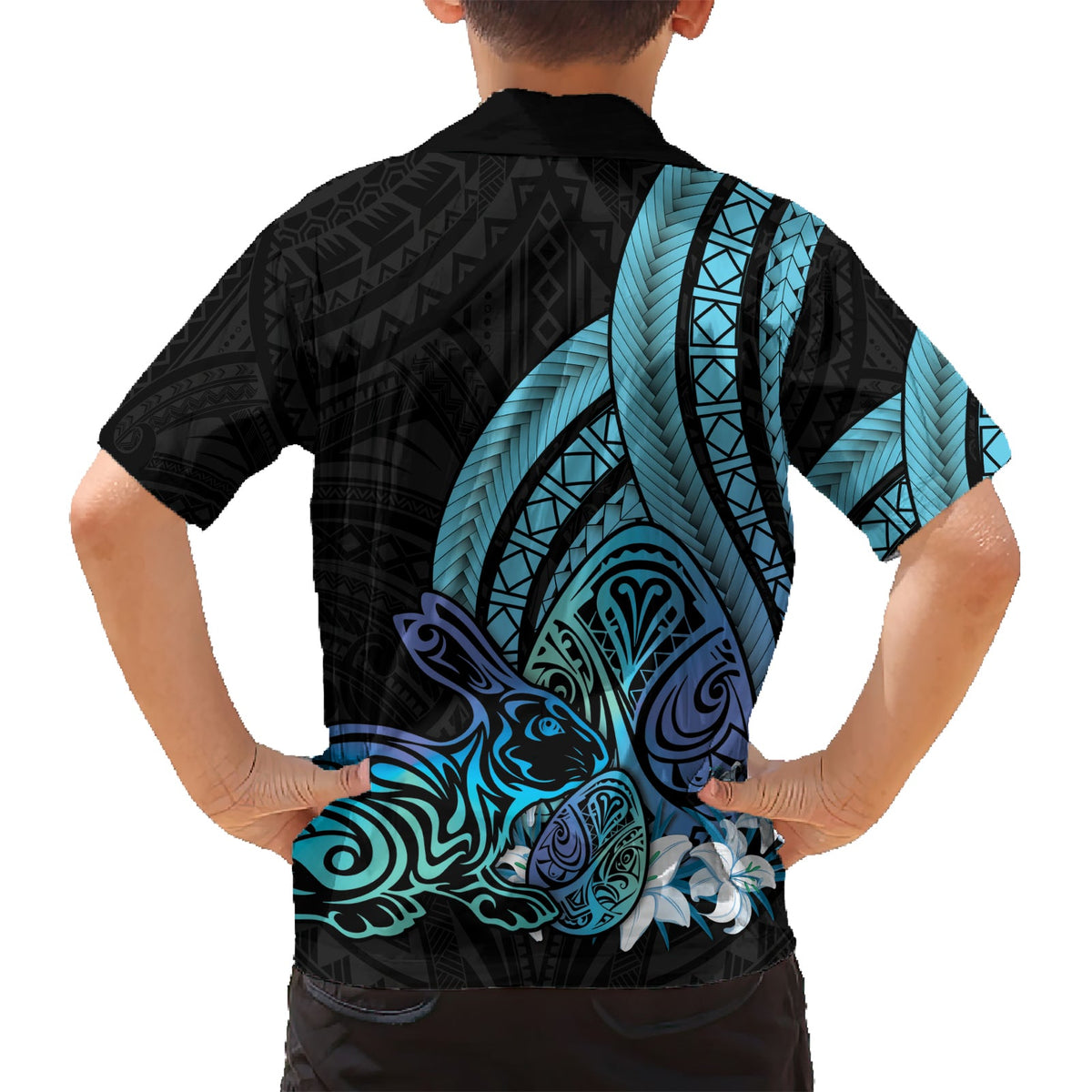 Türkis Polynesien Ostern Tag Hawaiian Shirt Eier mit Hase Polynesisches Muster LT14