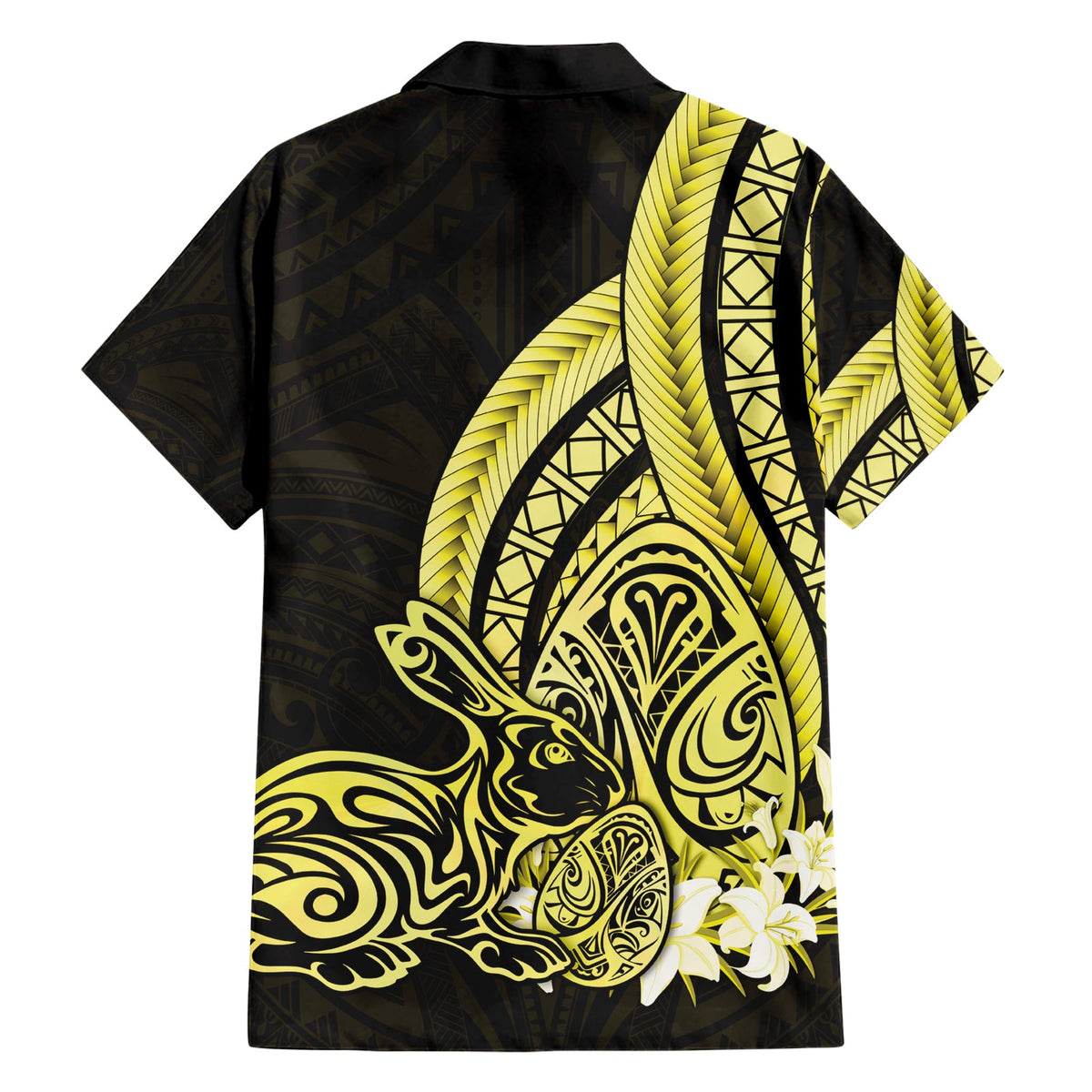 Gelbes Polynesien-Hawaii-Hemd mit Eiern und Häschen, polynesisches Muster LT14