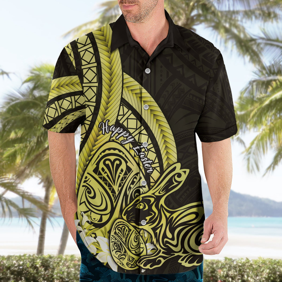 Gelbes Polynesien-Hawaii-Hemd mit Eiern und Häschen, polynesisches Muster LT14