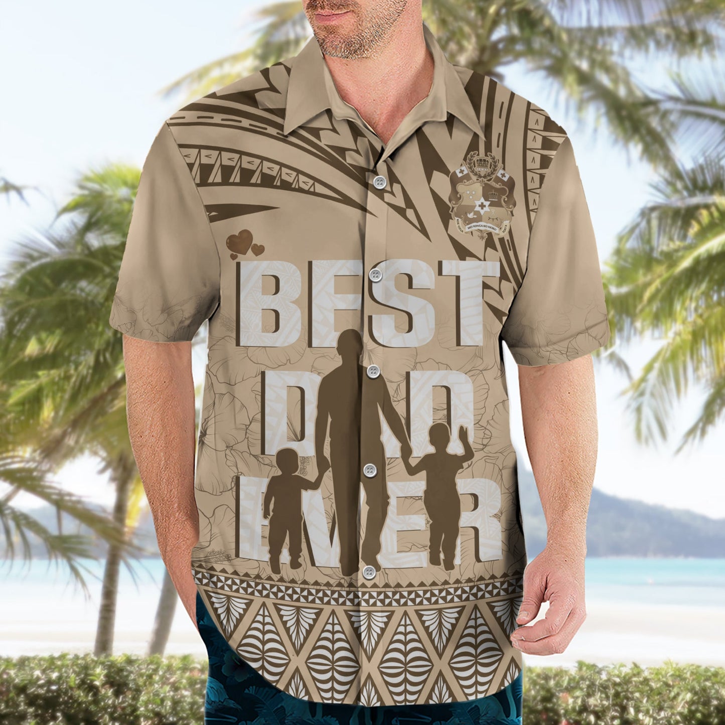 Tonga Hawaiihemd zum Vatertag, „Best Dad Ever“, Tonga-Ngatu-Muster – Beige LT14