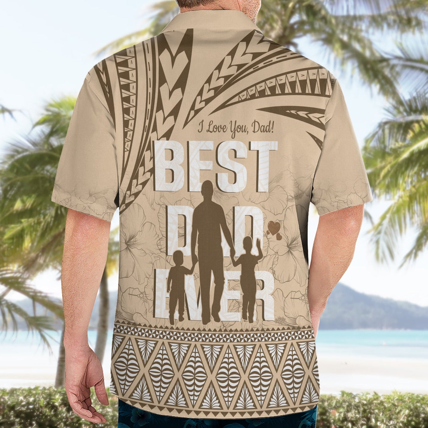 Tonga Hawaiihemd zum Vatertag, „Best Dad Ever“, Tonga-Ngatu-Muster – Beige LT14