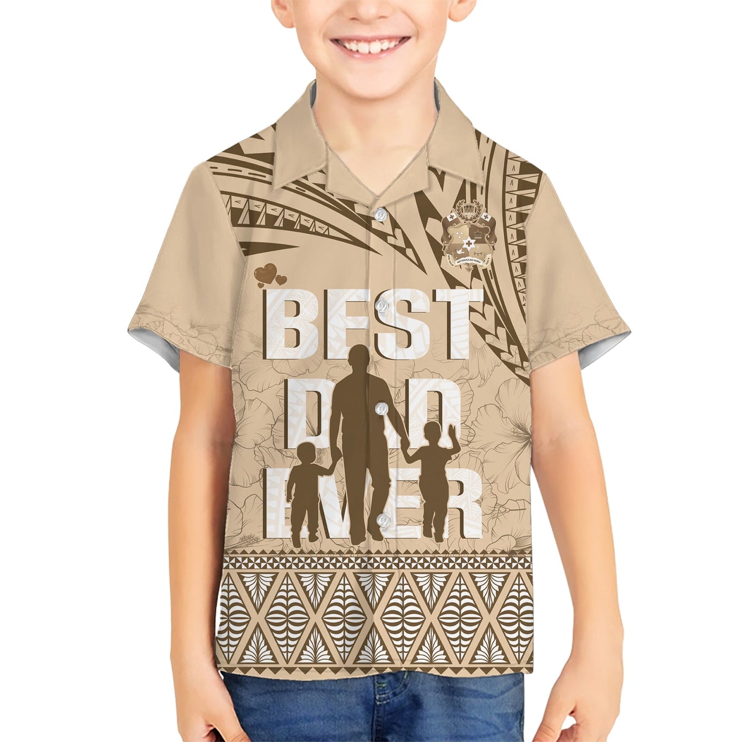 Tonga Hawaiihemd zum Vatertag, „Best Dad Ever“, Tonga-Ngatu-Muster – Beige LT14