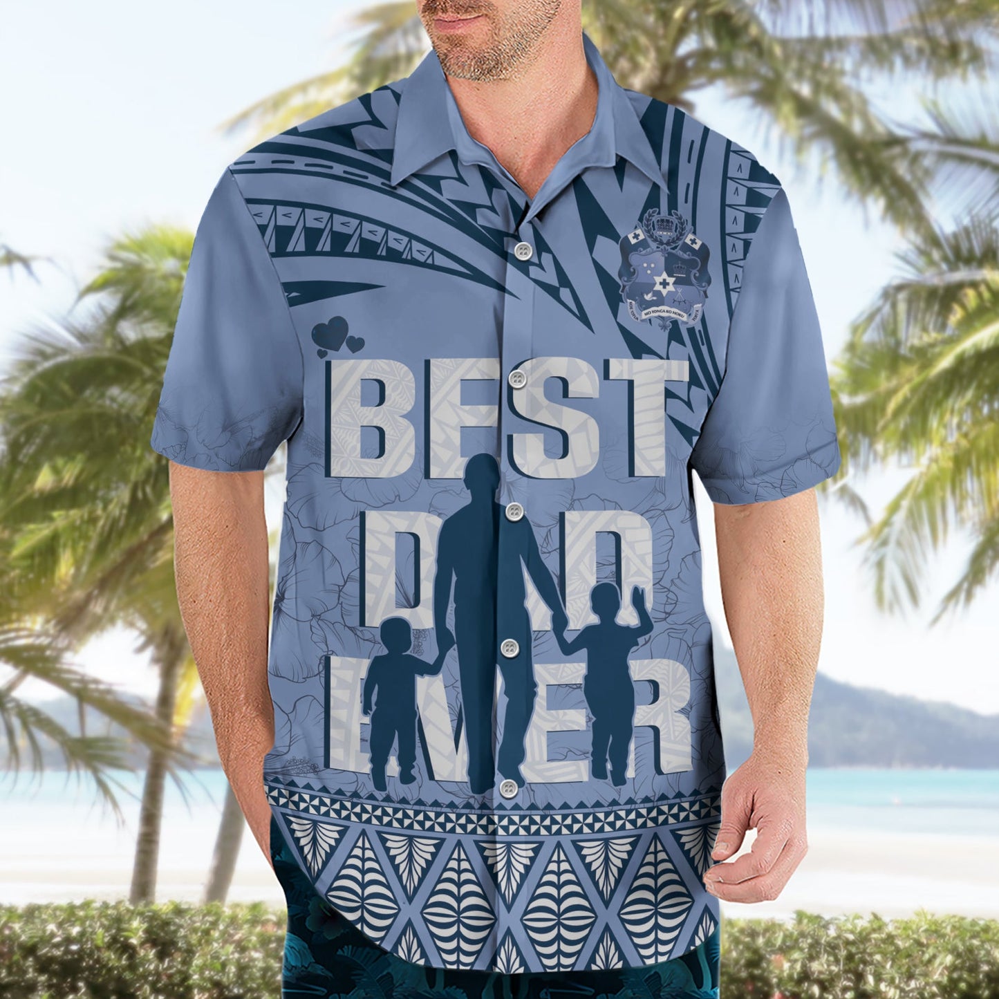 Tonga Vatertag Hawaiihemd Best Dad Ever Tonga Ngatu Muster - Blau LT14