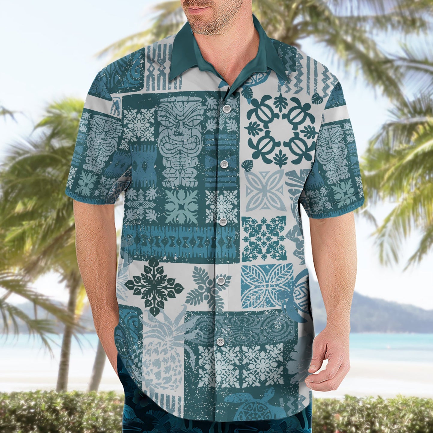 Hawaiian Quilt Hawaiihemd Tiki Tropical Retro Dunkel Cyan Version LT14