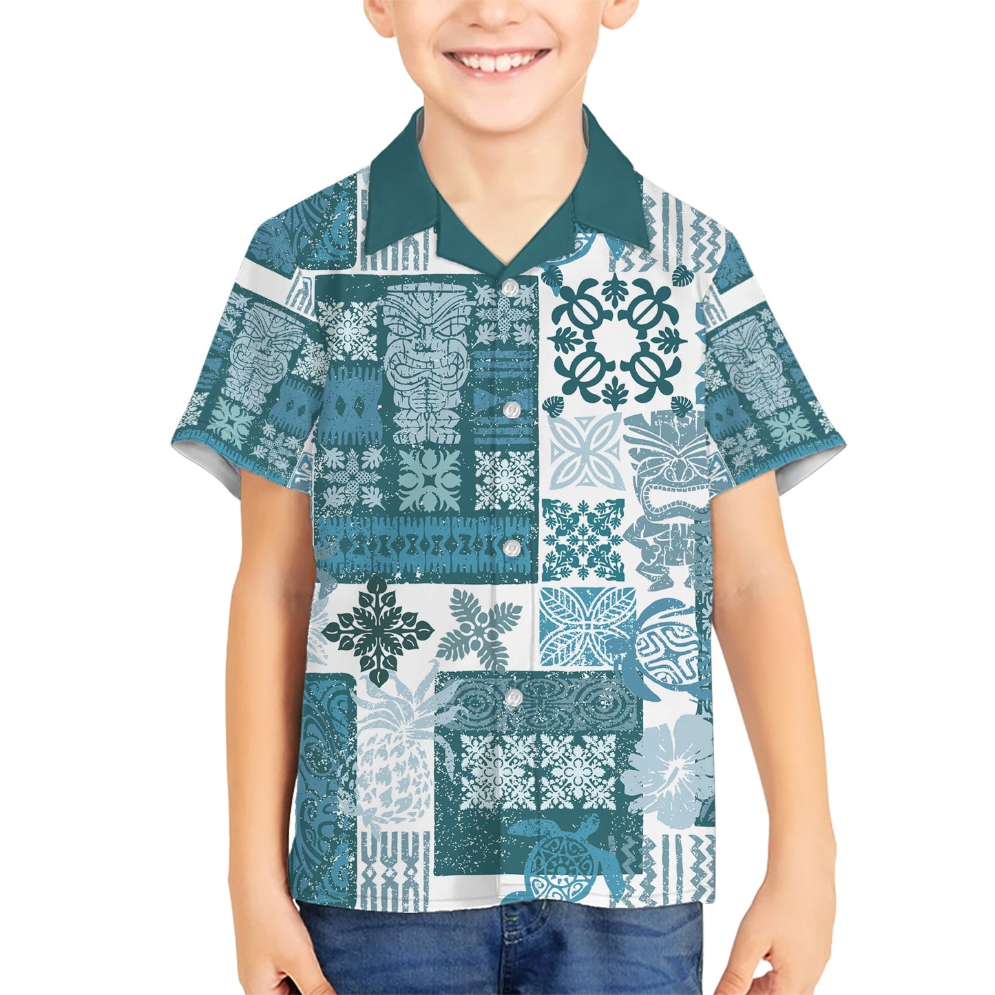 Hawaiian Quilt Hawaiihemd Tiki Tropical Retro Dunkel Cyan Version LT14