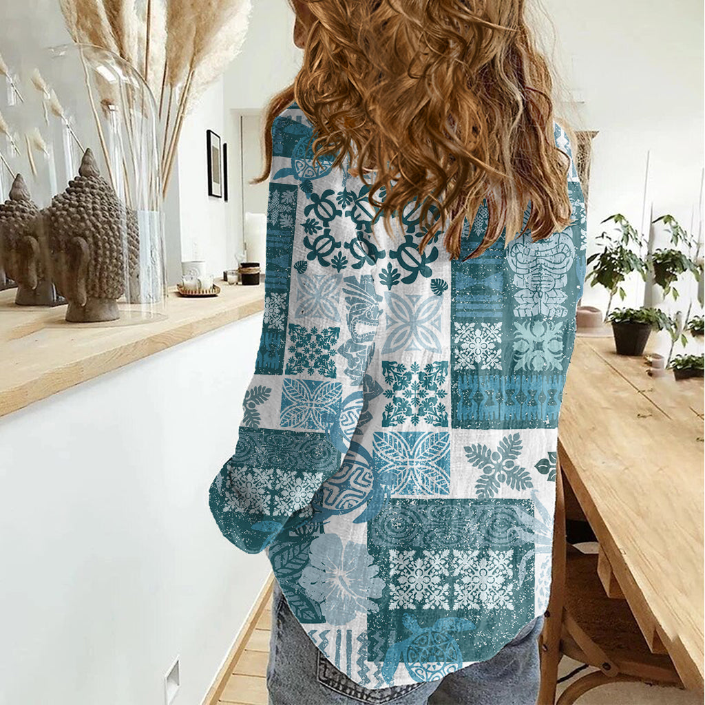 Hawaiian Quilt Damen Freizeithemd Tiki Tropical Retro Dunkel Cyan Version LT14