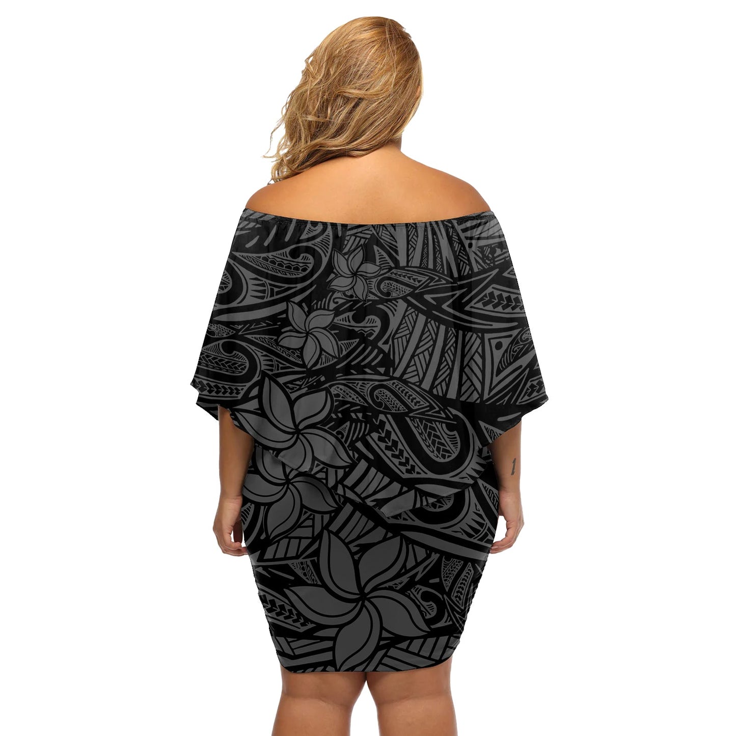 Polynesia Off Shoulder Kurzes Kleid blumen Polynesian Muster Mix Plumeria Schwarz LT14
