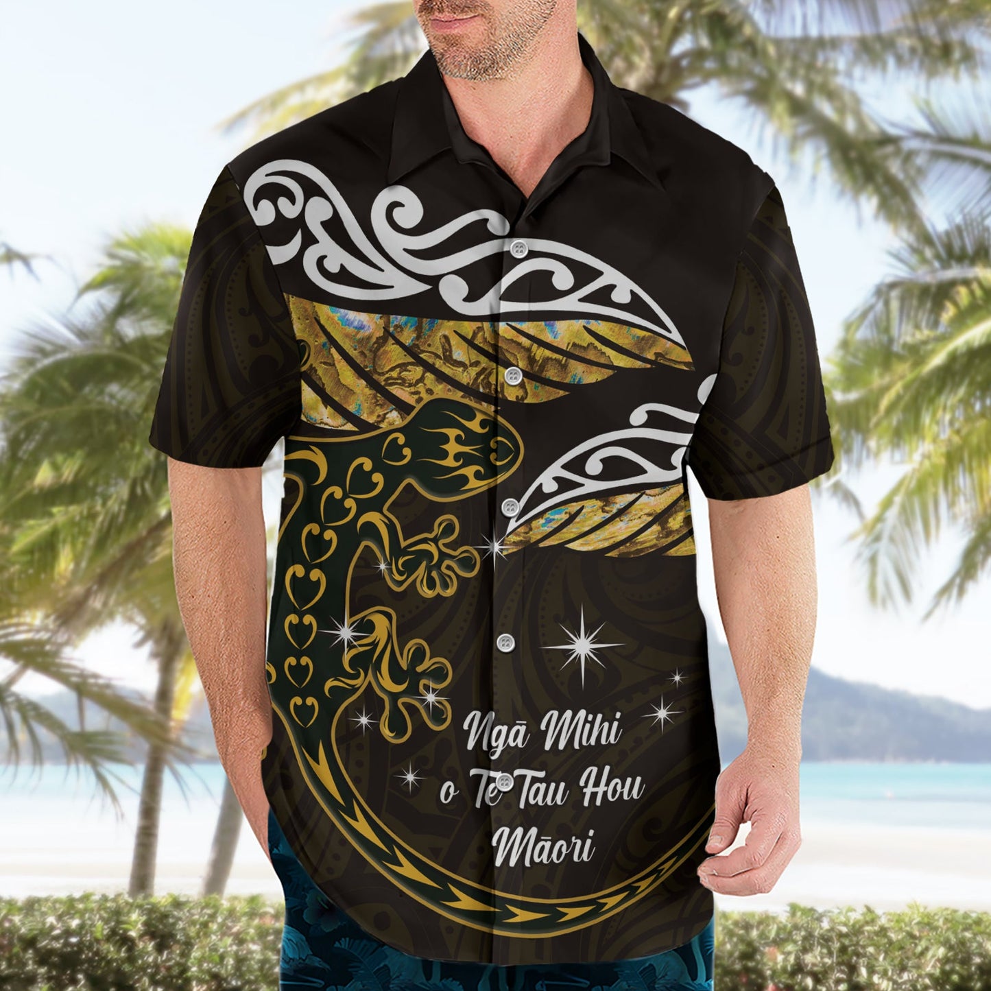 Neuseeland Matariki Hawaiihemd Maori Neujahr Silberfarn und Eidechse - Gold LT14