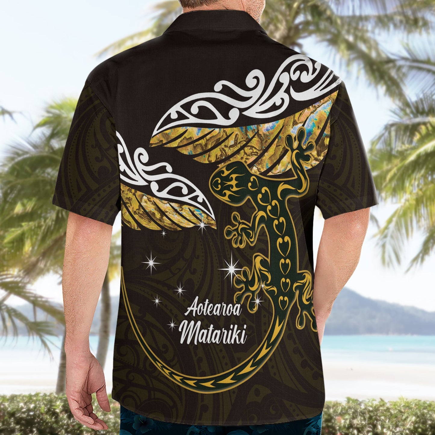 Neuseeland Matariki Hawaiihemd Maori Neujahr Silberfarn und Eidechse - Gold LT14