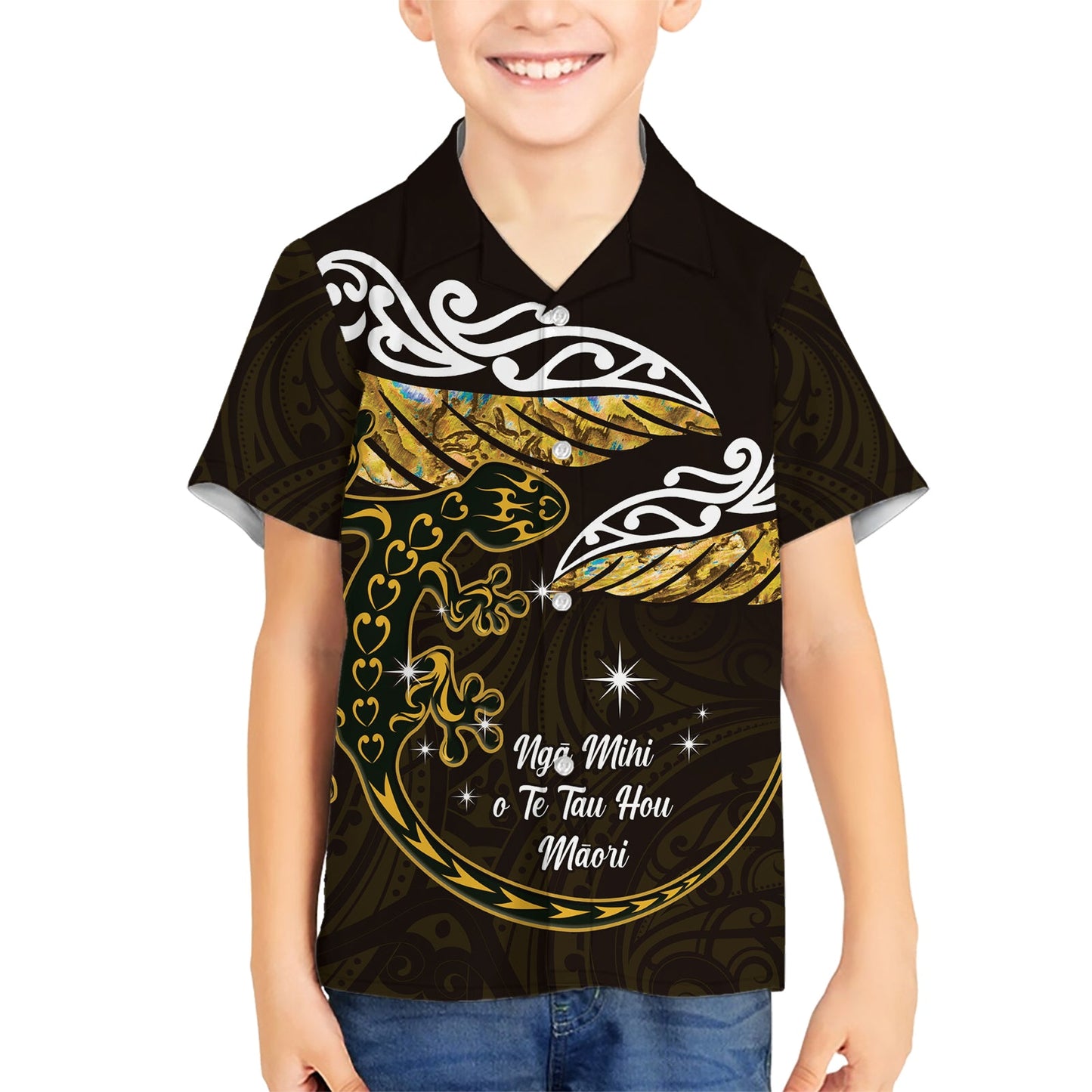 Neuseeland Matariki Hawaiihemd Maori Neujahr Silberfarn und Eidechse - Gold LT14