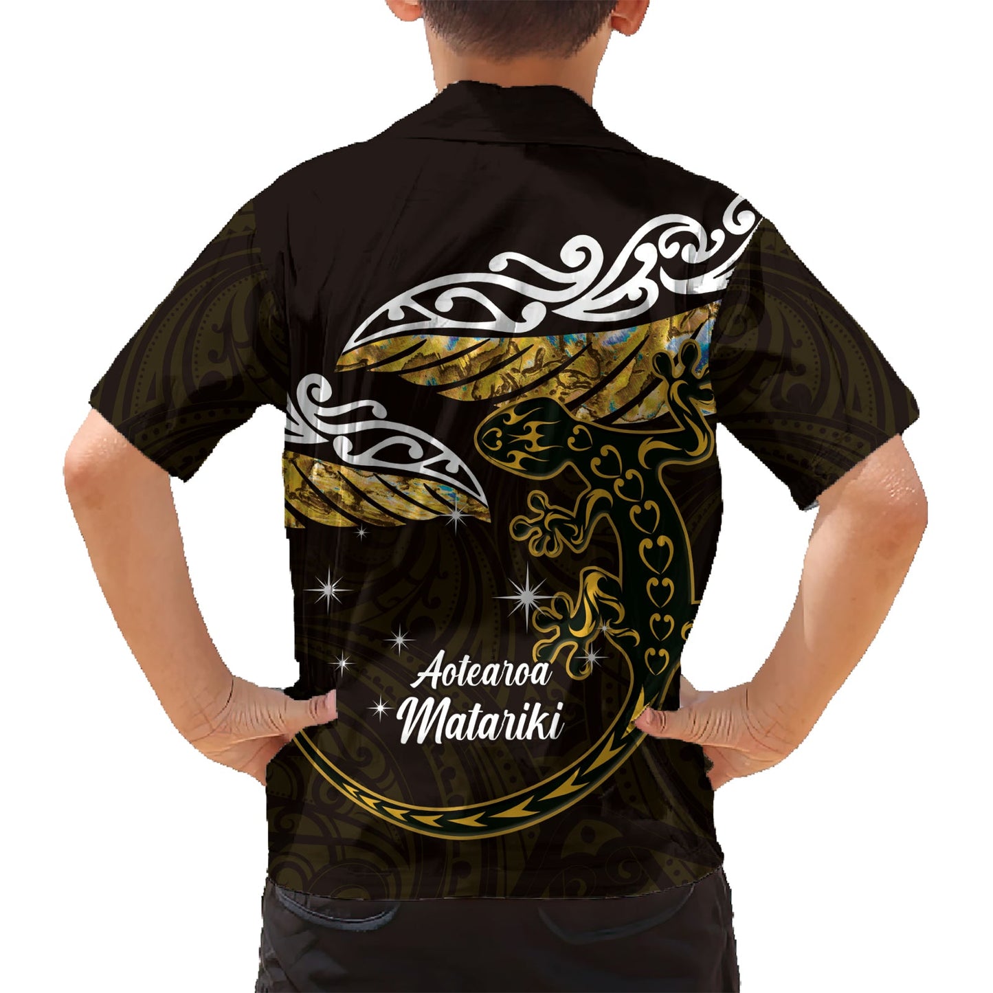 Neuseeland Matariki Hawaiihemd Maori Neujahr Silberfarn und Eidechse - Gold LT14