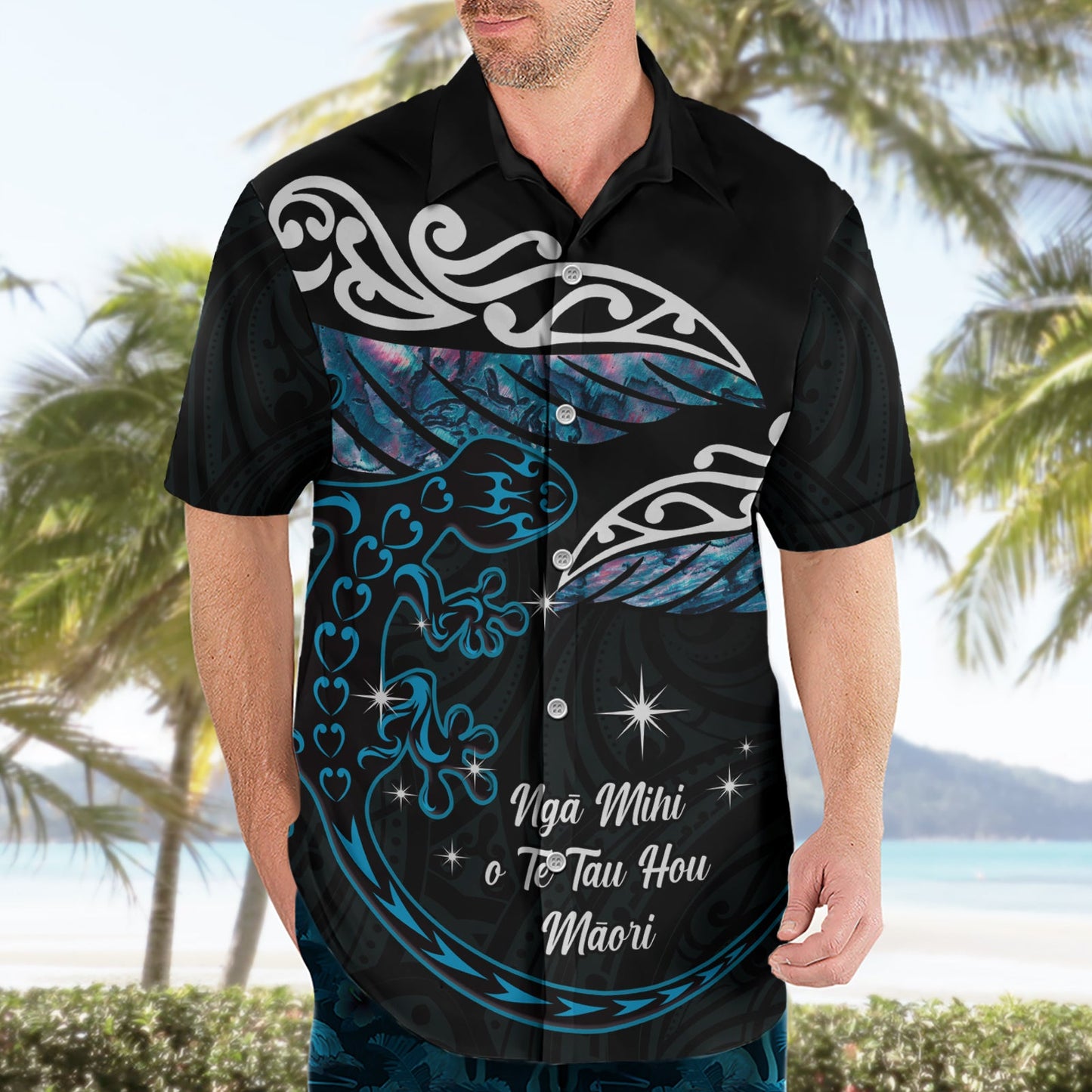 Neuseeland Matariki Hawaiihemd Maori Neujahr Silberfarn und Eidechse - Türkis LT14