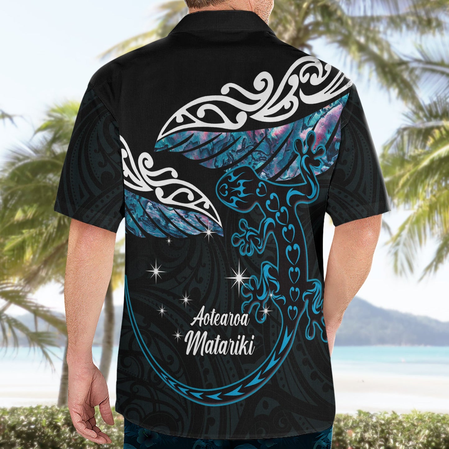 Neuseeland Matariki Hawaiihemd Maori Neujahr Silberfarn und Eidechse - Türkis LT14