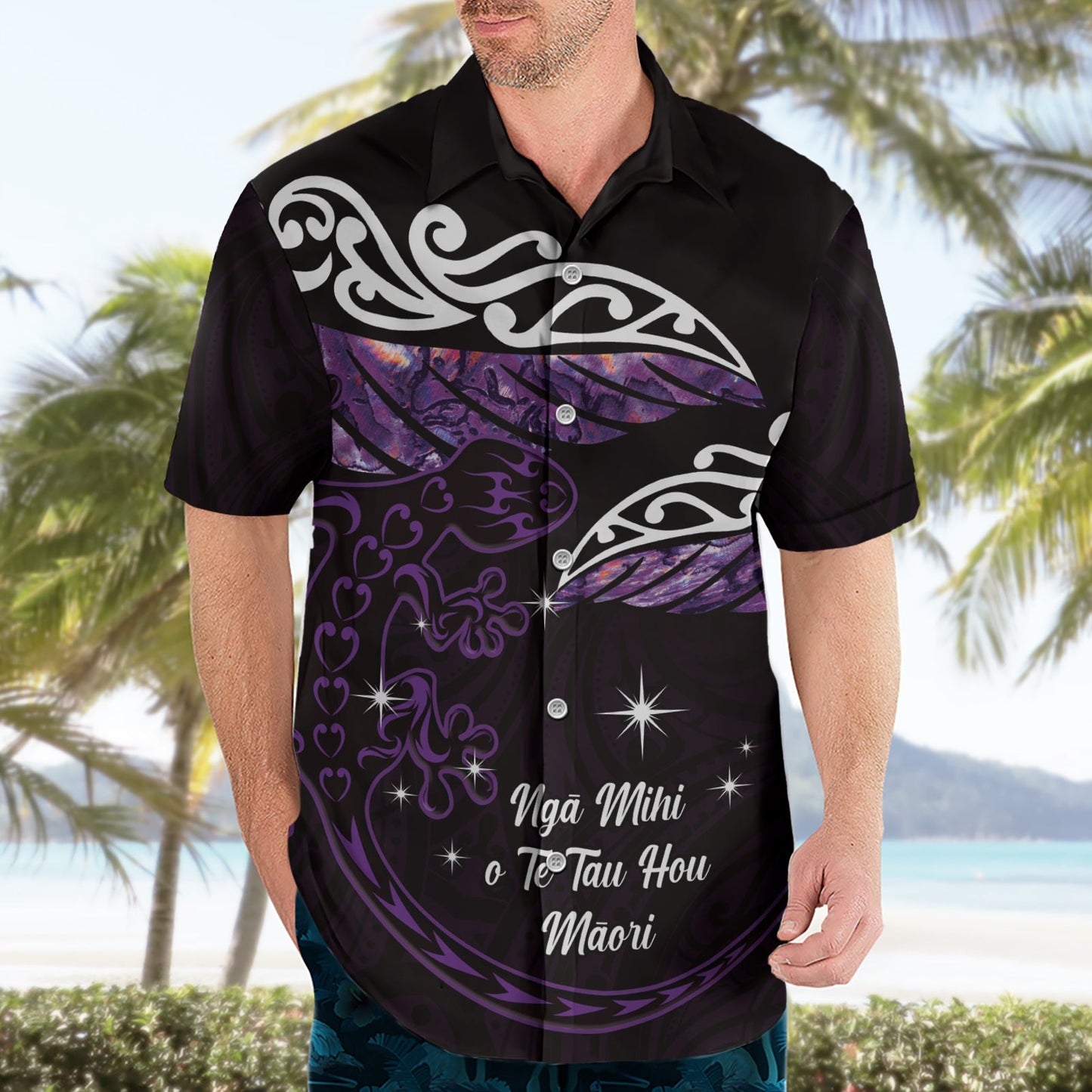 Neuseeland Matariki Hawaiihemd Maori Neujahr Silberfarn und Eidechse - Lila LT14