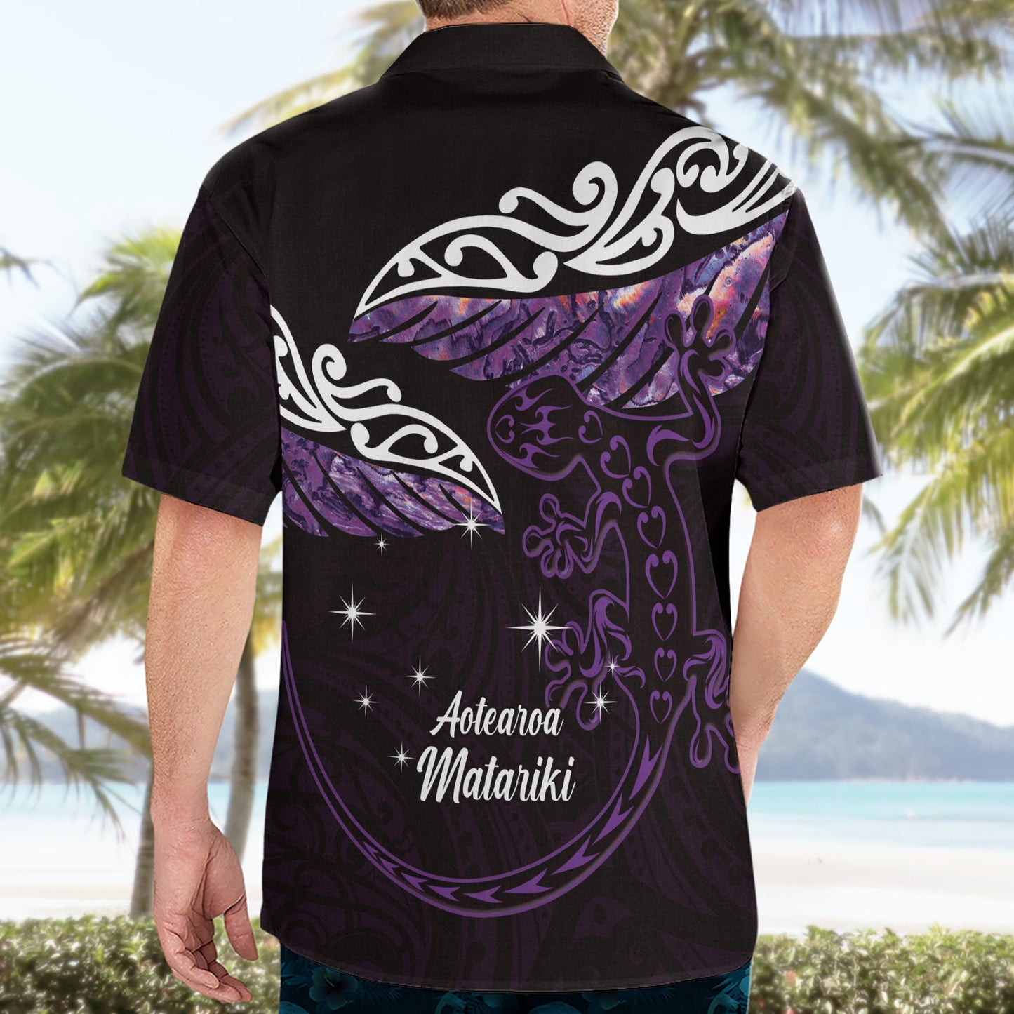 Neuseeland Matariki Hawaiihemd Maori Neujahr Silberfarn und Eidechse - Lila LT14