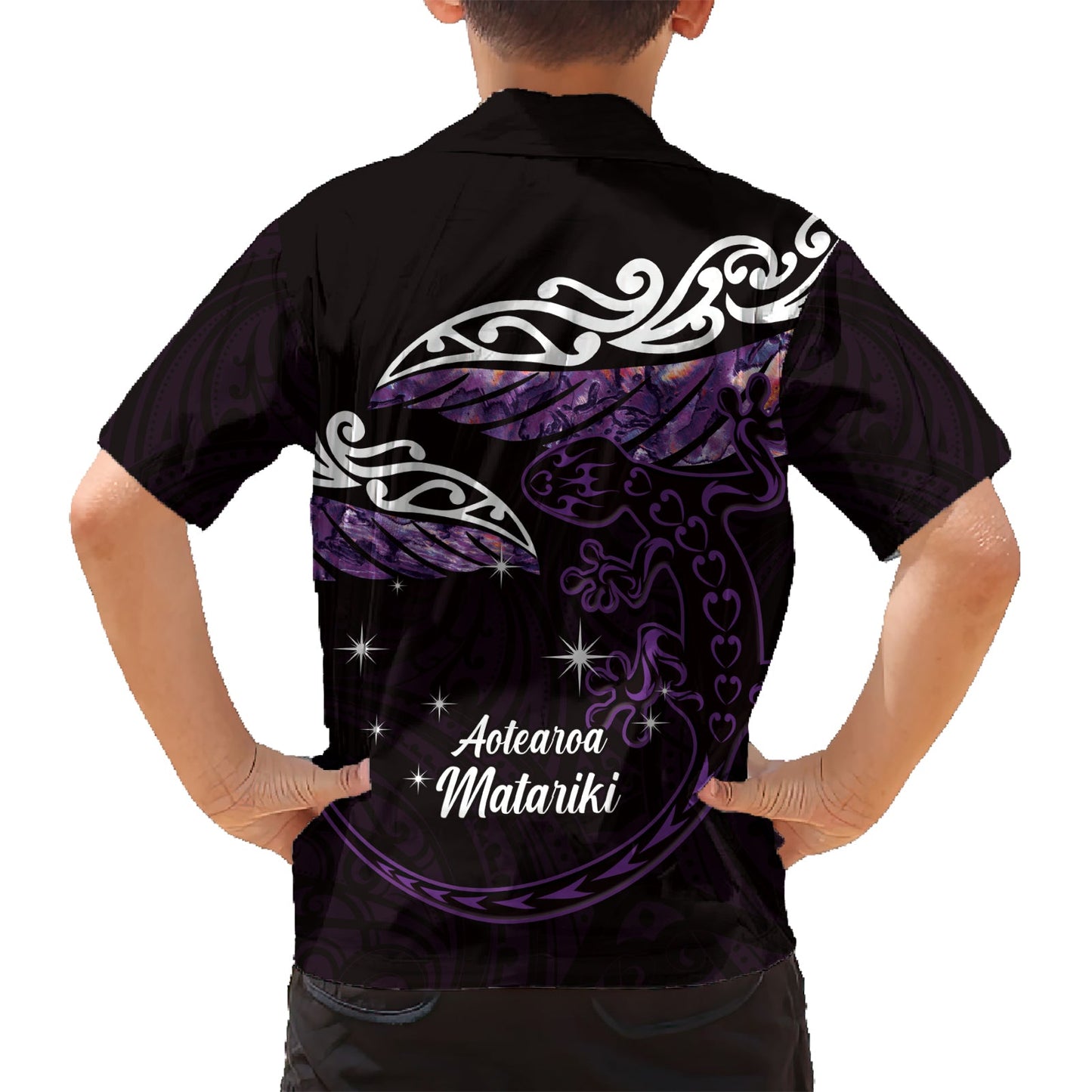 Neuseeland Matariki Hawaiihemd Maori Neujahr Silberfarn und Eidechse - Lila LT14