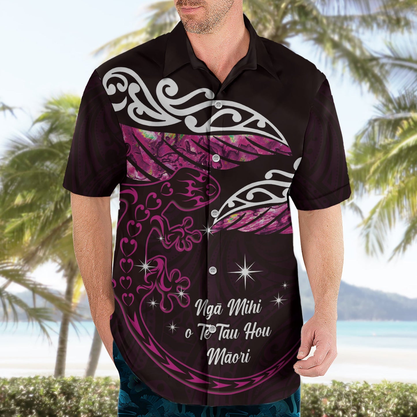 Neuseeland Matariki Hawaiihemd Maori Neujahr Silberfarn und Eidechse - Rosa LT14