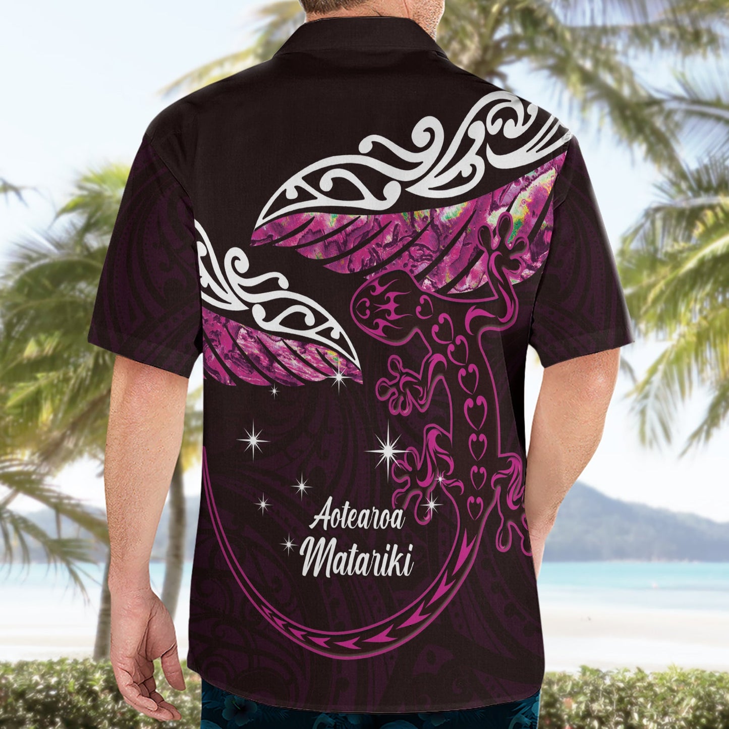 Neuseeland Matariki Hawaiihemd Maori Neujahr Silberfarn und Eidechse - Rosa LT14