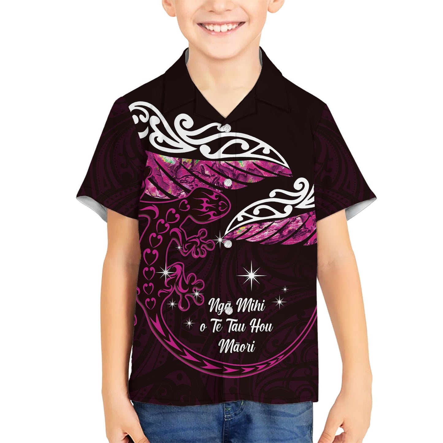 Neuseeland Matariki Hawaiihemd Maori Neujahr Silberfarn und Eidechse - Rosa LT14