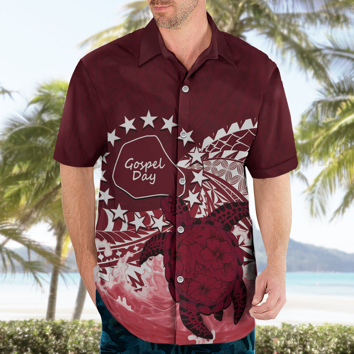 Cook Islands Mangaia Gospel Day Hawaiihemd Polynesische Kunst mit Meeresschildkröte LT14