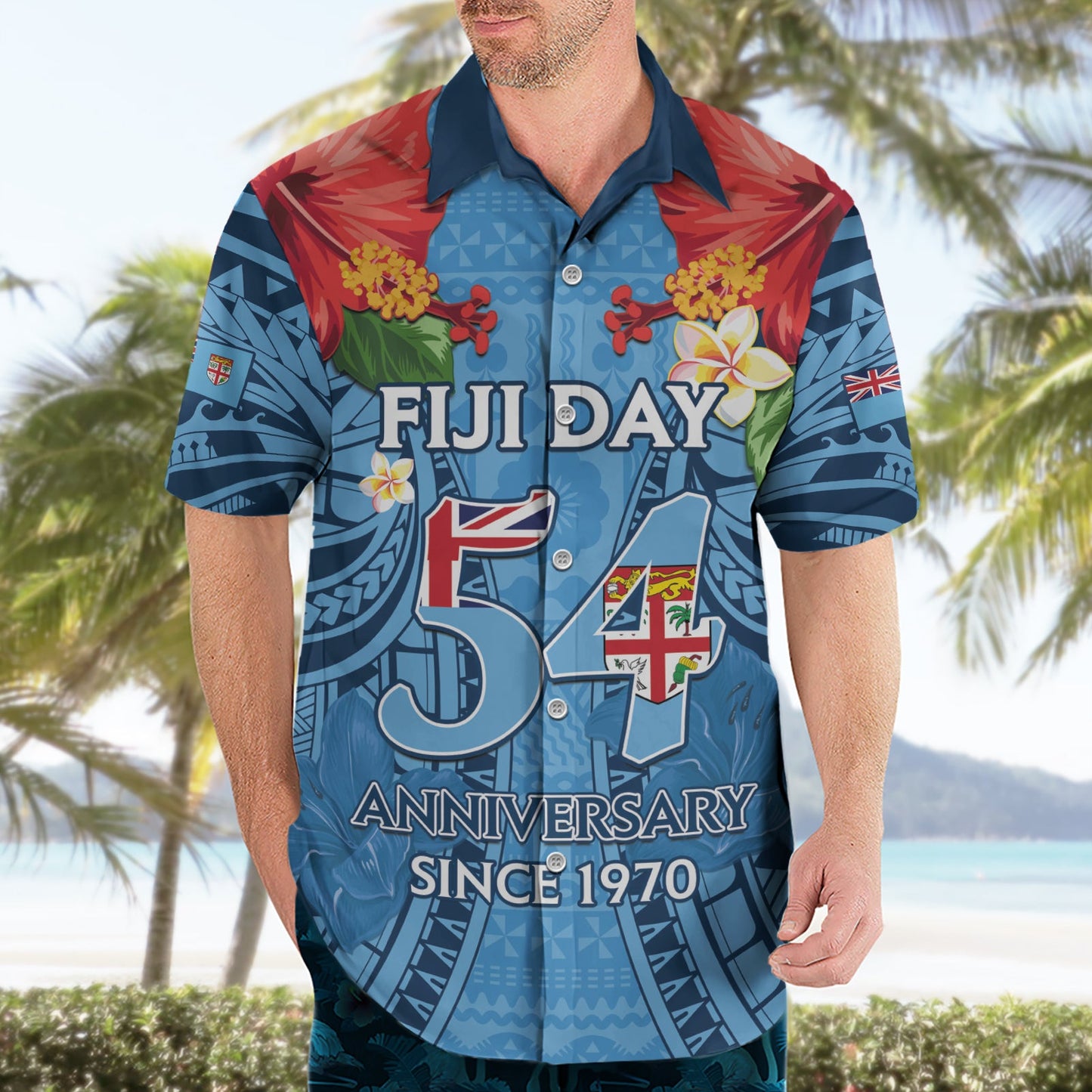 Fiji Day Hawaiihemd Happy 54 Years Of Independence Tapa Muster Blau LT14