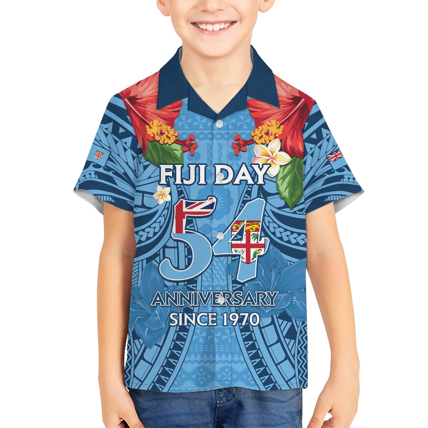 Fiji Day Hawaiihemd Happy 54 Years Of Independence Tapa Muster Blau LT14
