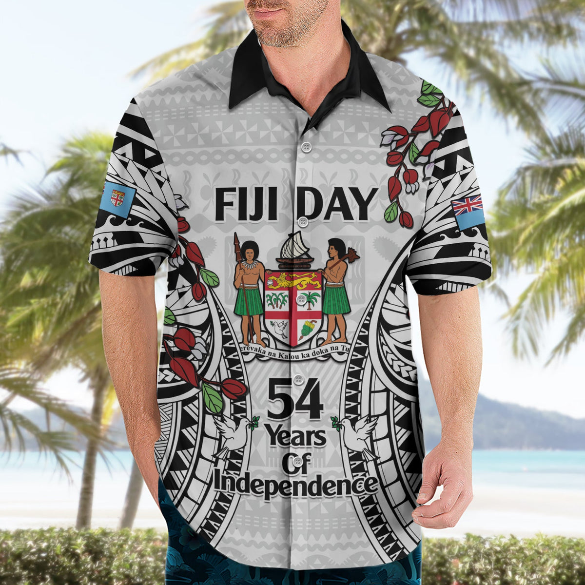 Fiji Day Hawaiihemd Happy 54 Years Of Independence Tapa-Muster Weiß LT14