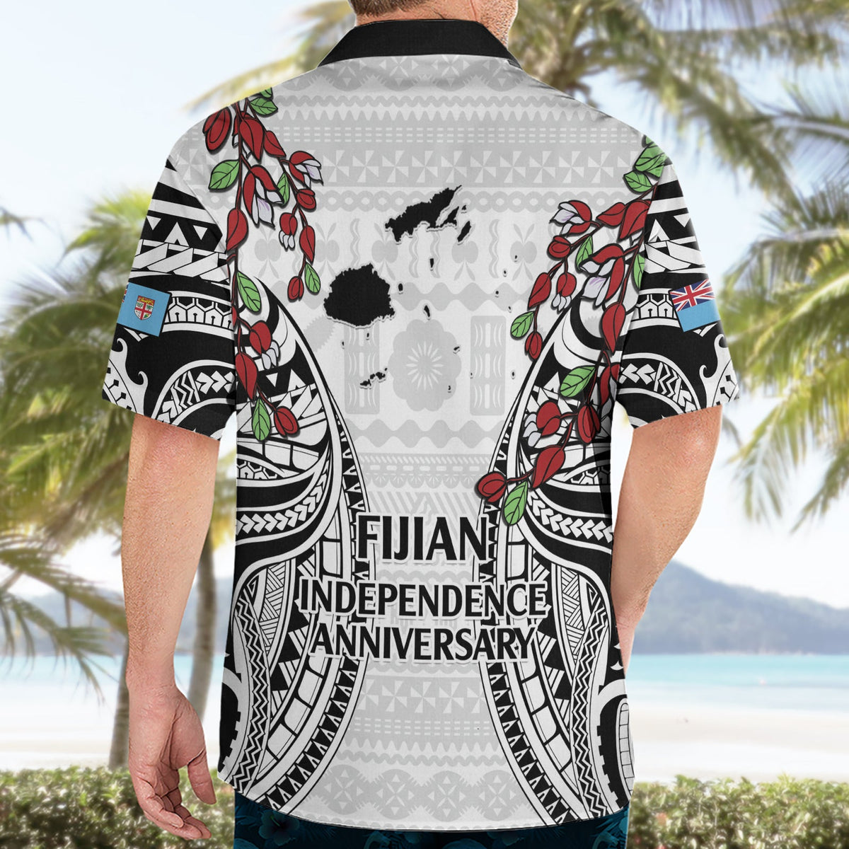 Fiji Day Hawaiihemd Happy 54 Years Of Independence Tapa-Muster Weiß LT14