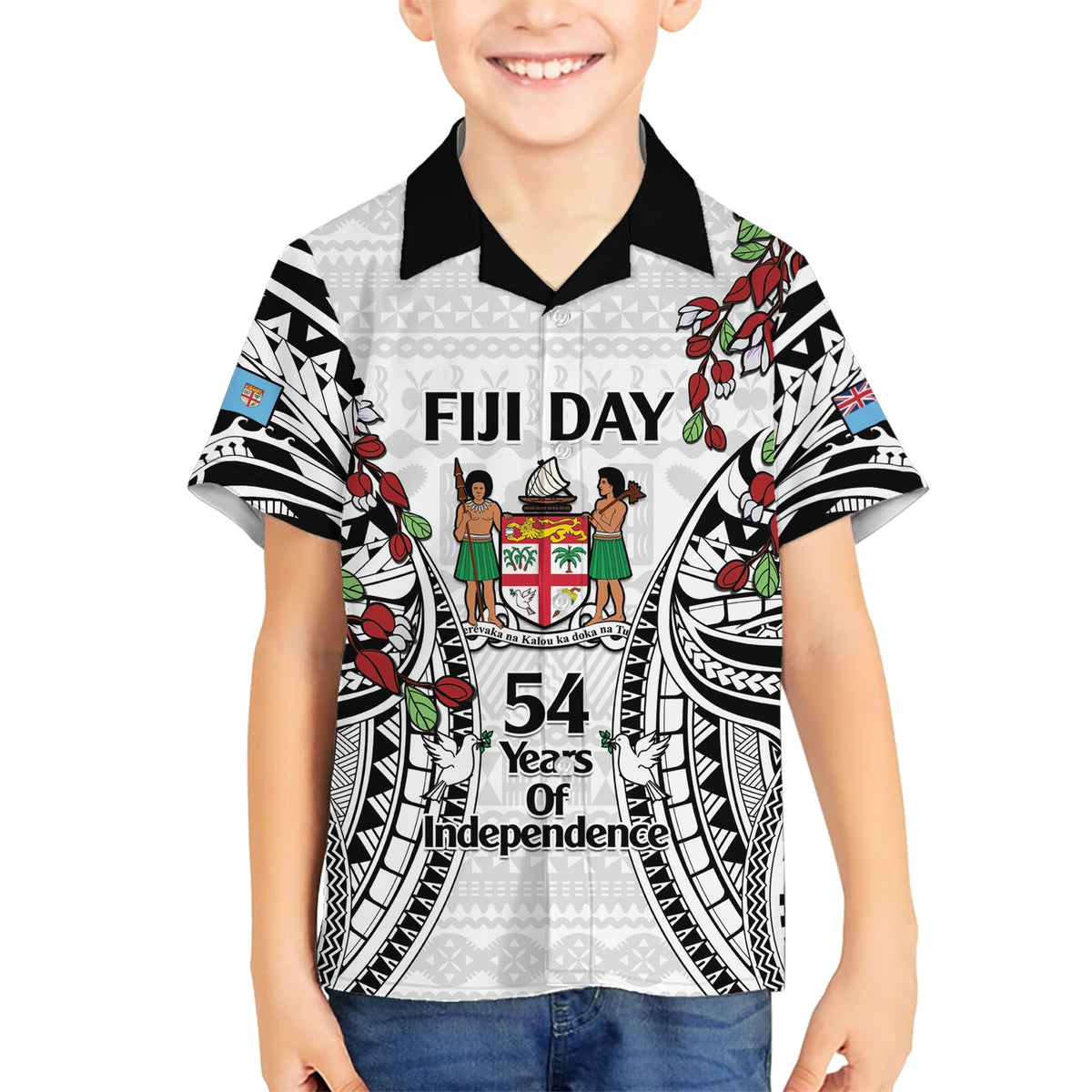 Fiji Day Hawaiihemd Happy 54 Years Of Independence Tapa-Muster Weiß LT14