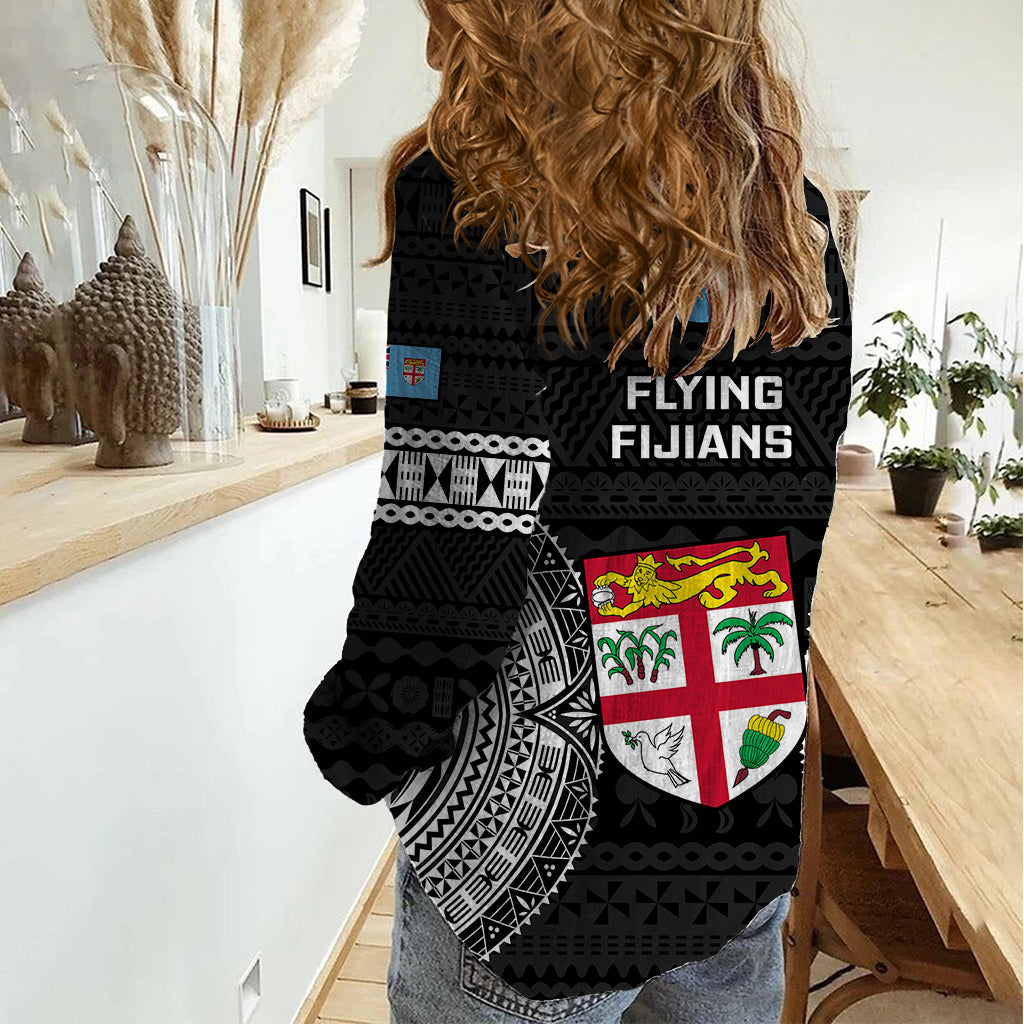 Fidschi Rugby Damen Freizeithemd 2023 Fidschianisches Tapa-Muster Weltmeisterschaft Schwarz LT14