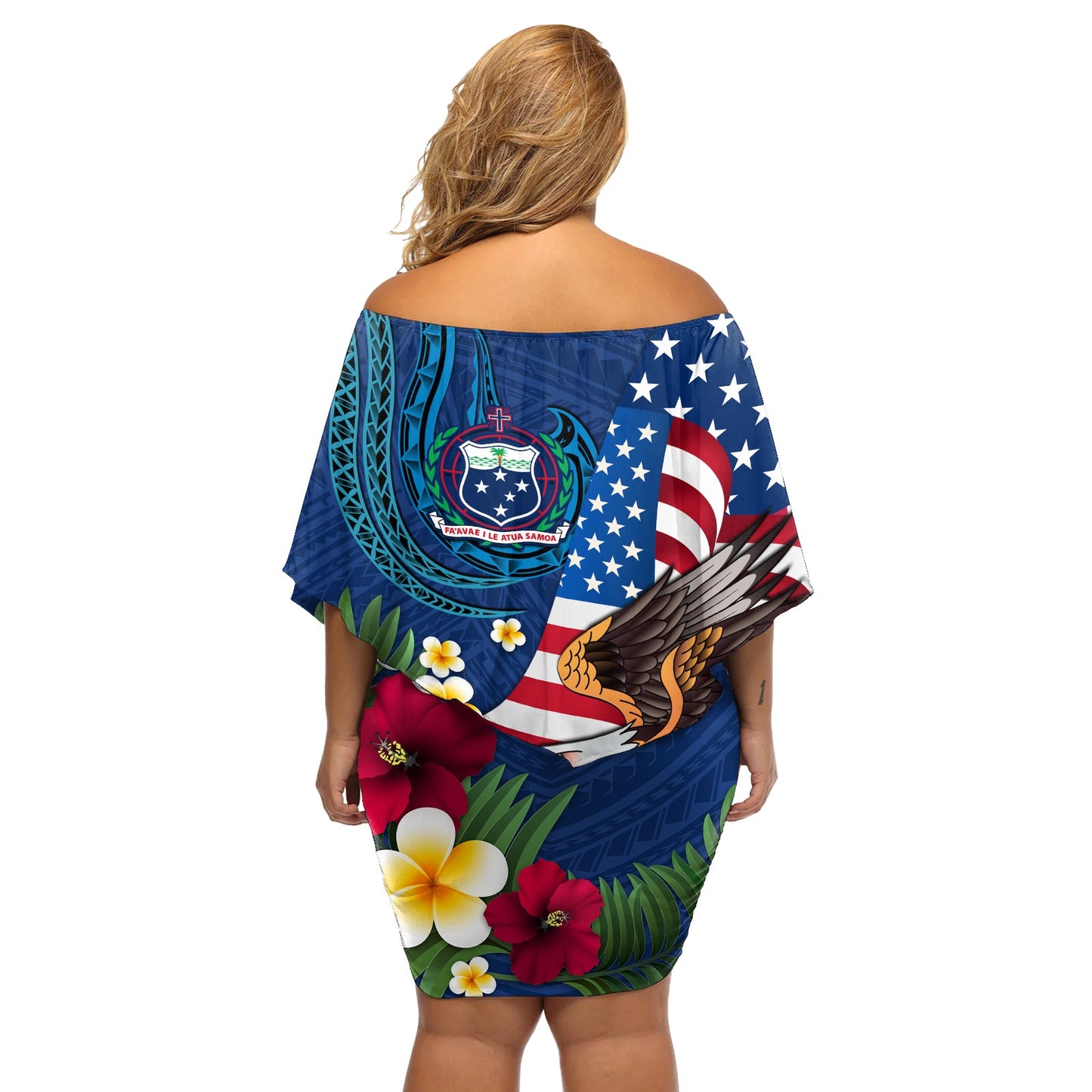 Vereinigte Staaten und Samoa Off Schulter kurzes Kleid blumen USA Flagge Adler Mix Samoan Wappen LT14