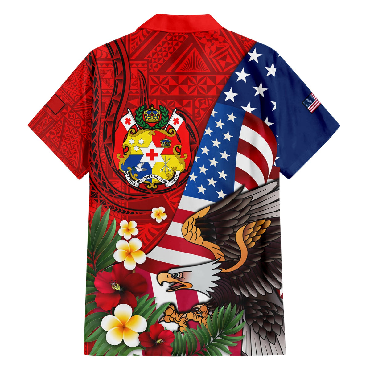 Hawaiihemd mit USA-Flagge und Adler-Mix, tongaisches Wappen, Ngatu-Muster, LT14