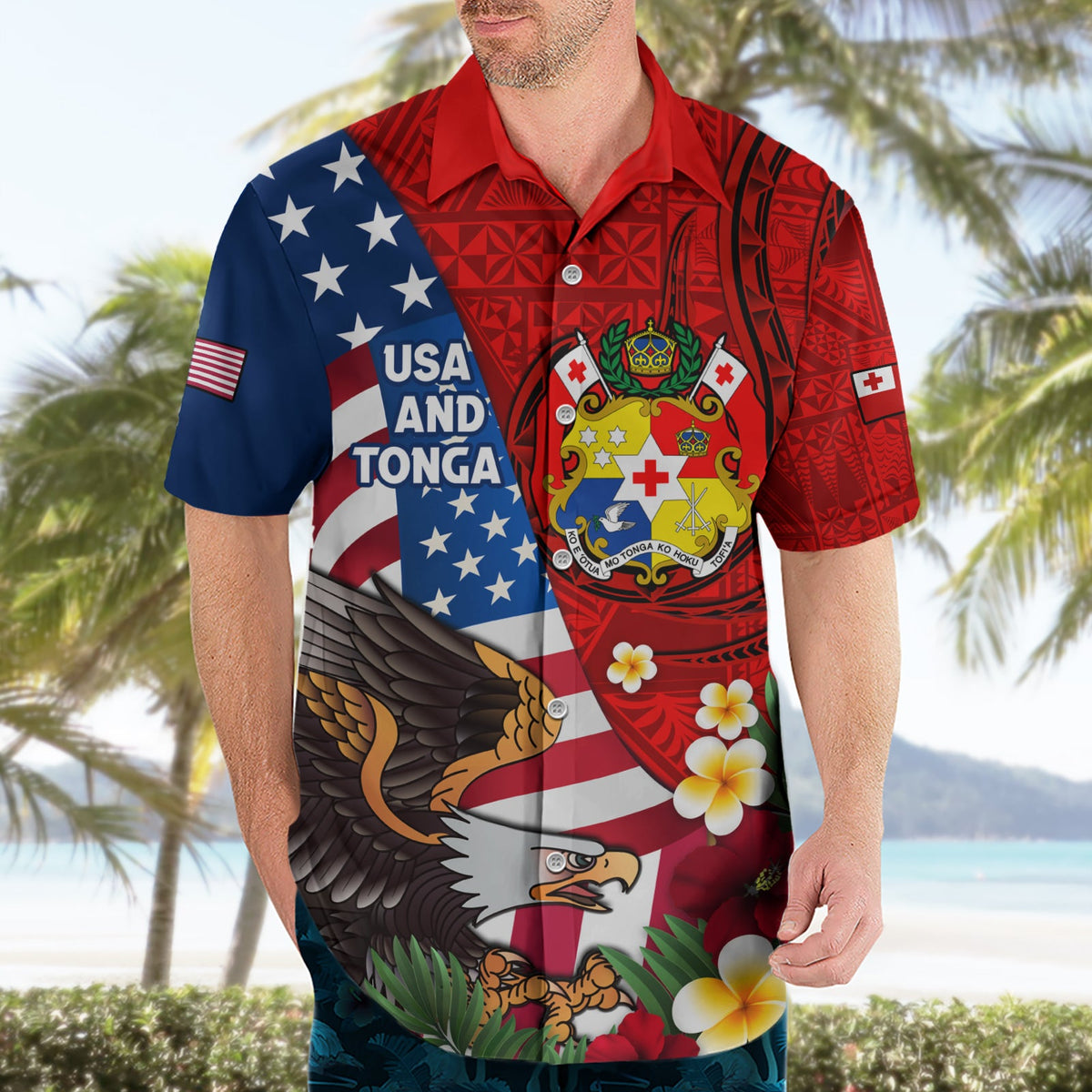Hawaiihemd mit USA-Flagge und Adler-Mix, tongaisches Wappen, Ngatu-Muster, LT14
