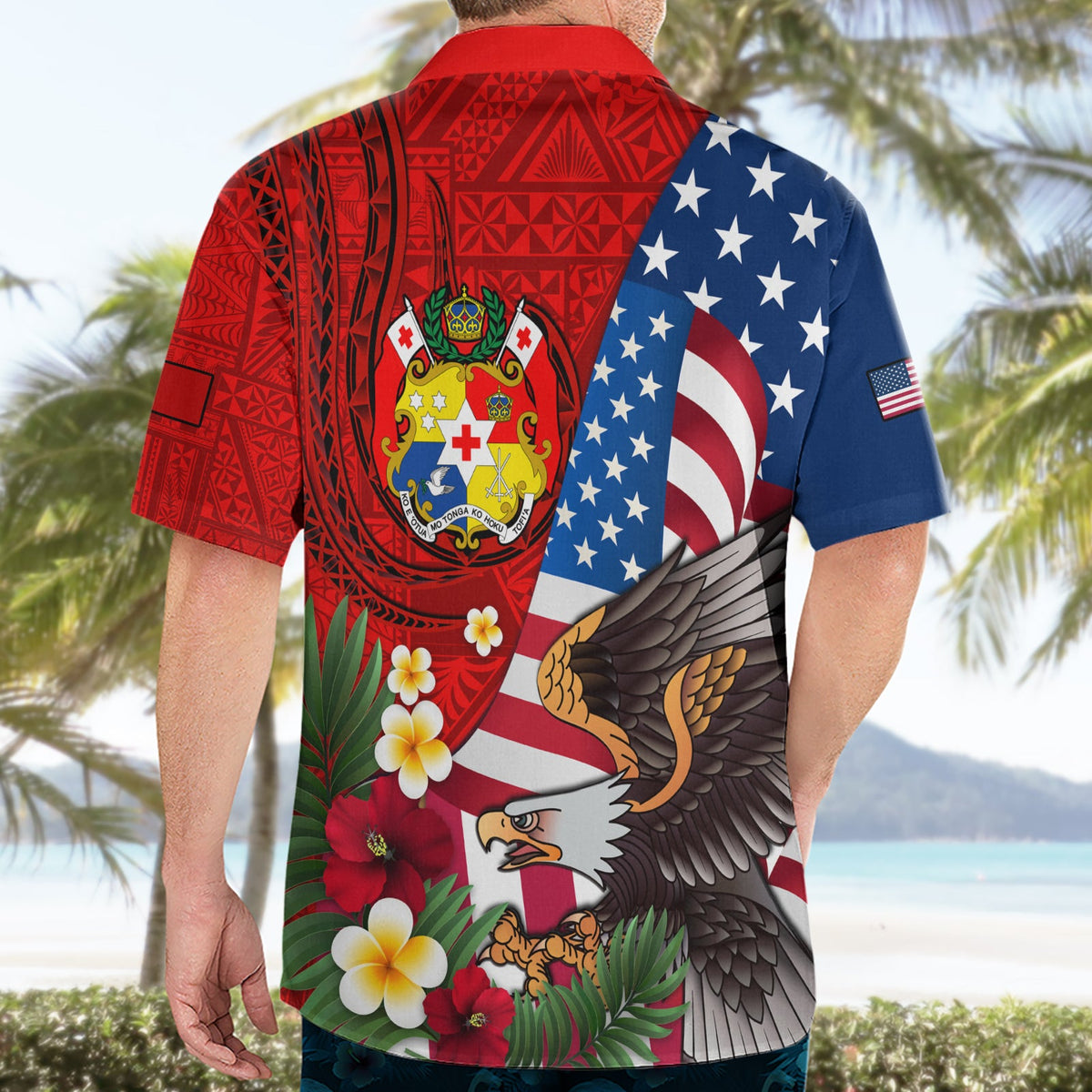 Hawaiihemd mit USA-Flagge und Adler-Mix, tongaisches Wappen, Ngatu-Muster, LT14