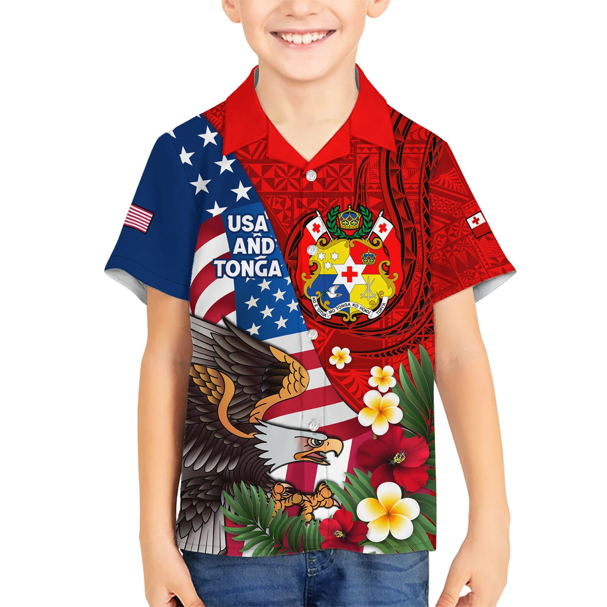 Hawaiihemd mit USA-Flagge und Adler-Mix, tongaisches Wappen, Ngatu-Muster, LT14