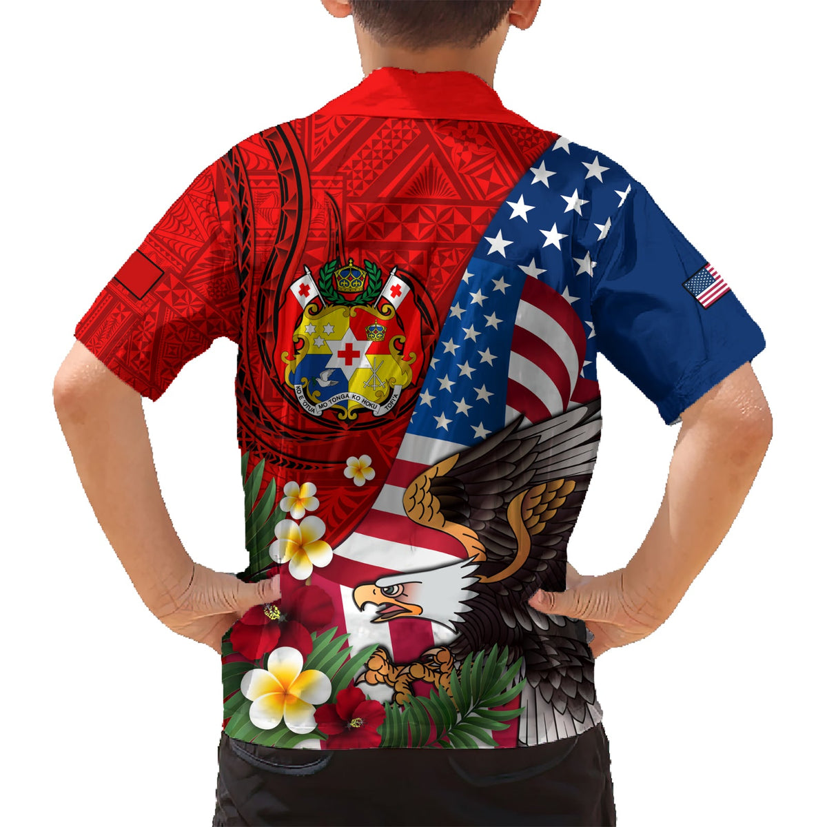 Hawaiihemd mit USA-Flagge und Adler-Mix, tongaisches Wappen, Ngatu-Muster, LT14