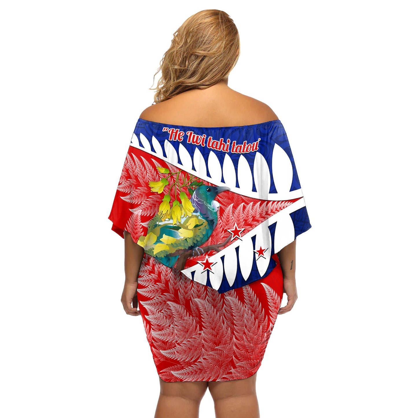 Neuseeland Waitangi Day Schulterfreies Kurzes Kleid blumen NZ Maori Tui Vogel mit Kowhai Blumen LT14