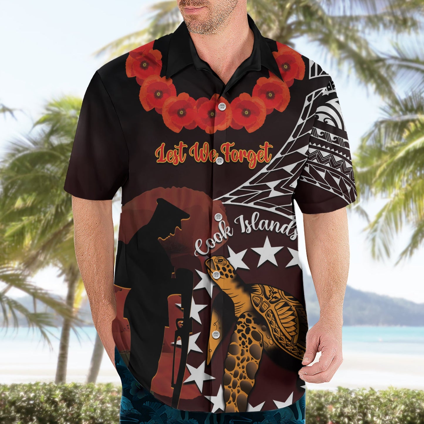 Cook Islands ANZAC Day Hawaiihemd Mohnblumen mit Meeresschildkröte LT14