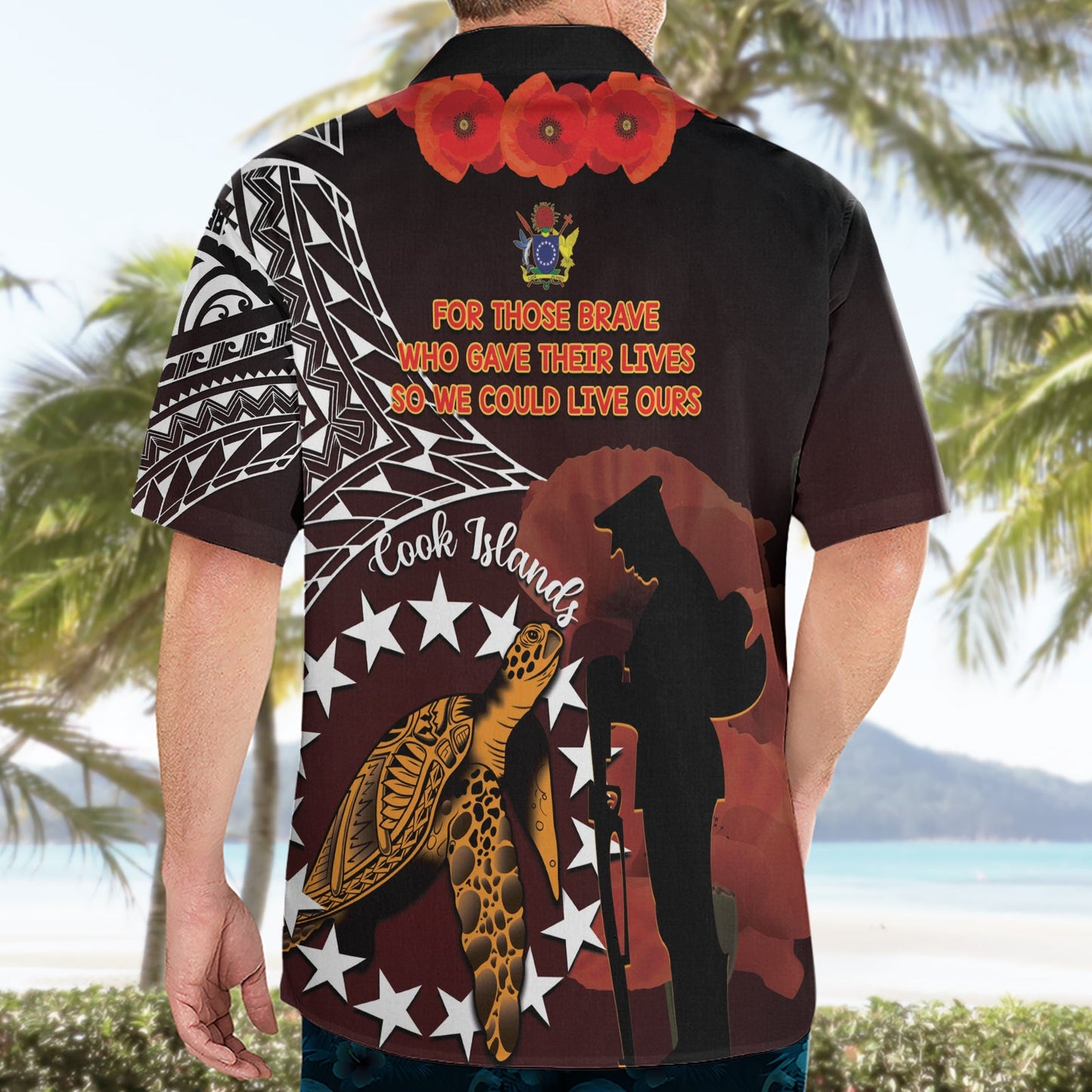Cook Islands ANZAC Day Hawaiihemd Mohnblumen mit Meeresschildkröte LT14