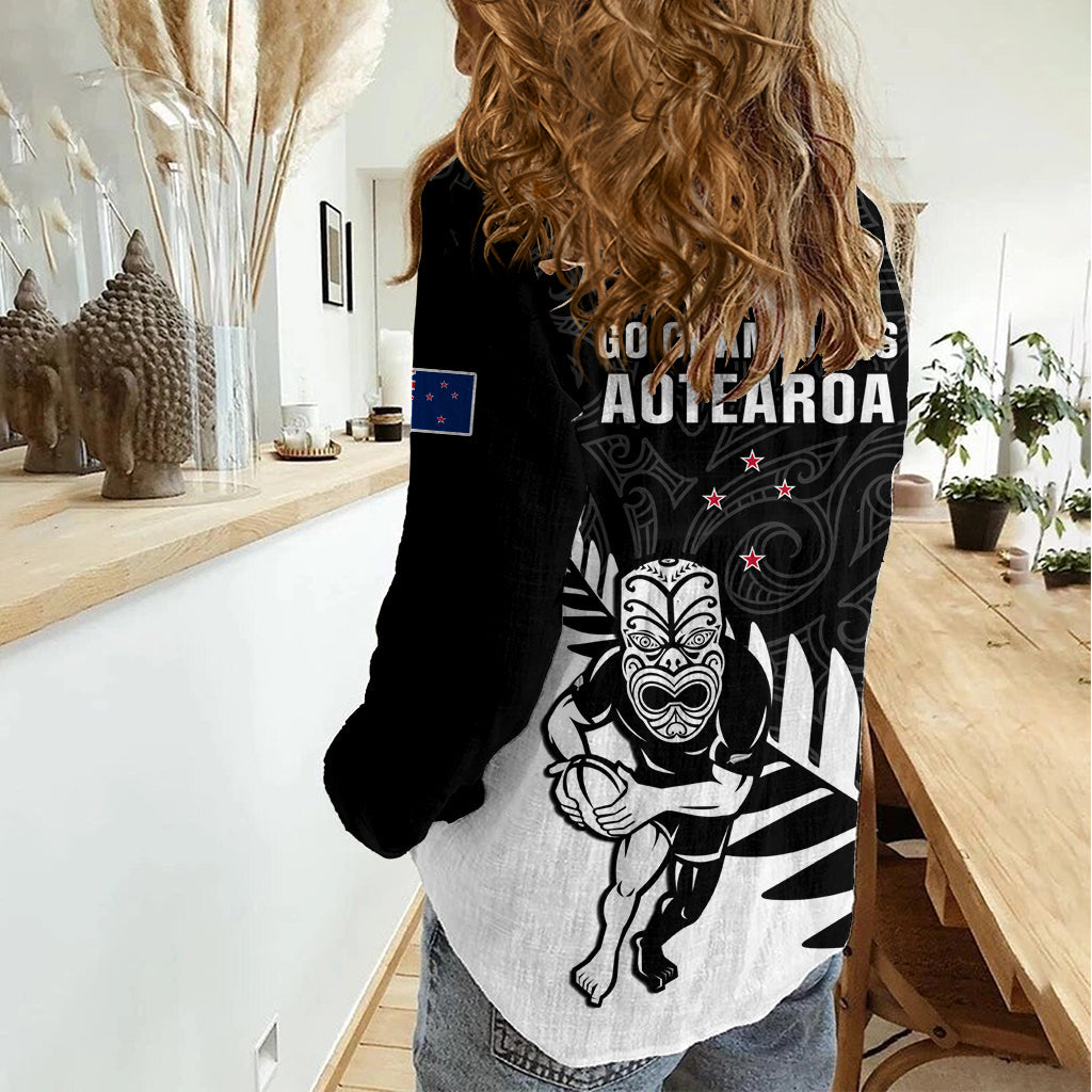Neuseeland Silver Fern Rugby Damen Freizeitshirt ganz schwarz 2023 Go Champions Maori Muster LT14