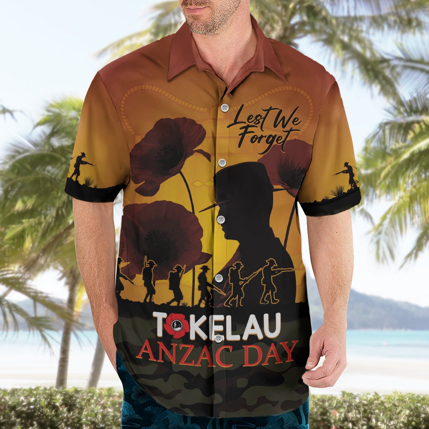 Tokelau ANZAC Day Hawaiihemd Camouflage mit Mohnblumen Lest We Forget LT14