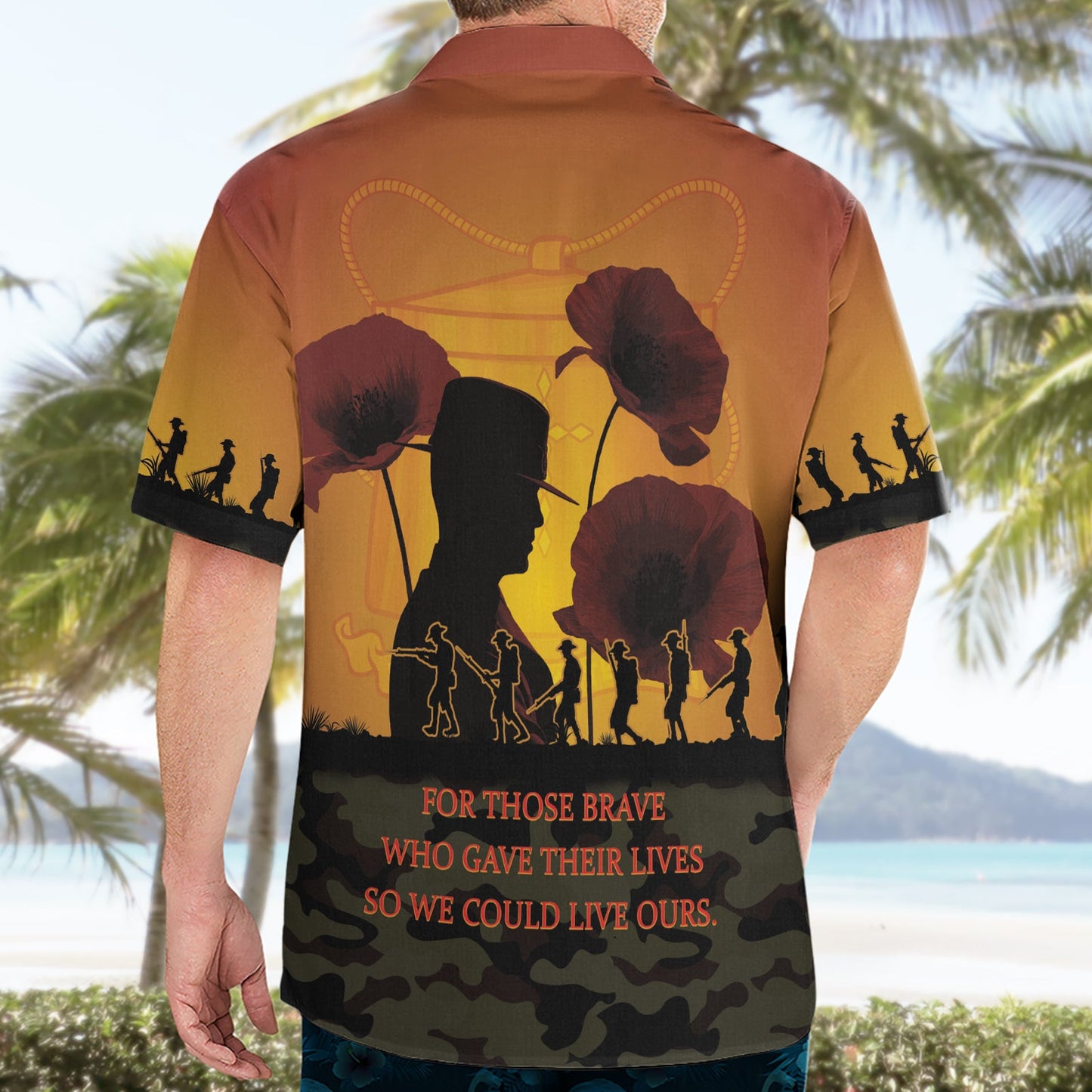 Tokelau ANZAC Day Hawaiihemd Camouflage mit Mohnblumen Lest We Forget LT14