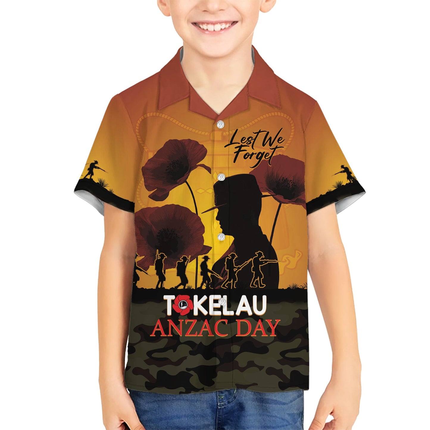 Tokelau ANZAC Day Hawaiihemd Camouflage mit Mohnblumen Lest We Forget LT14