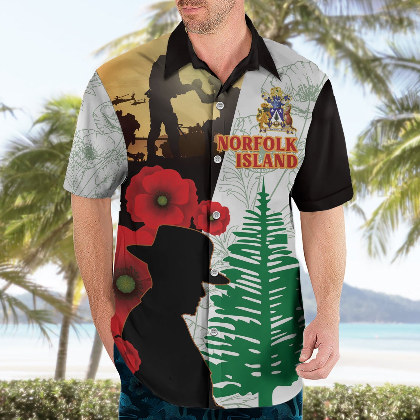 Norfolkinsel ANZAC Day Hawaiihemd Kiefer mit Mohnblumen Lest We Forget LT14
