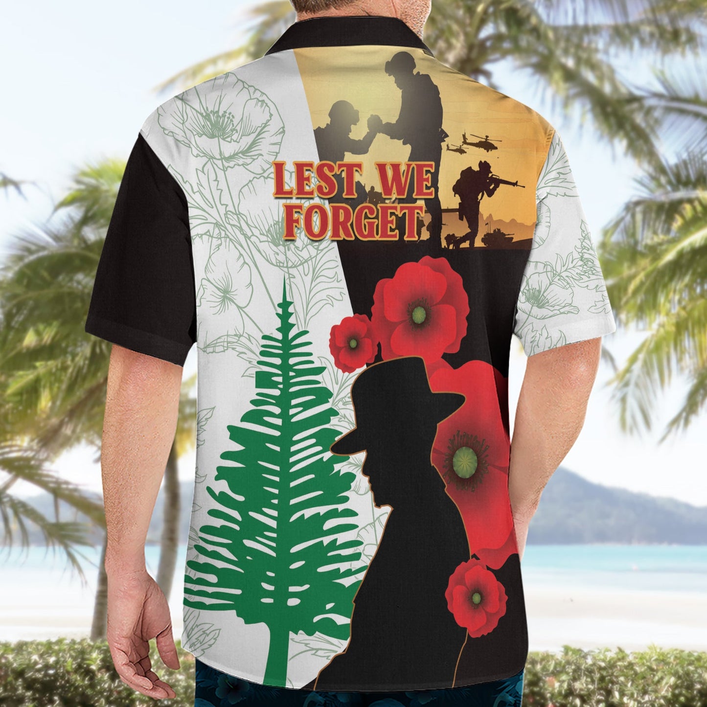 Norfolkinsel ANZAC Day Hawaiihemd Kiefer mit Mohnblumen Lest We Forget LT14