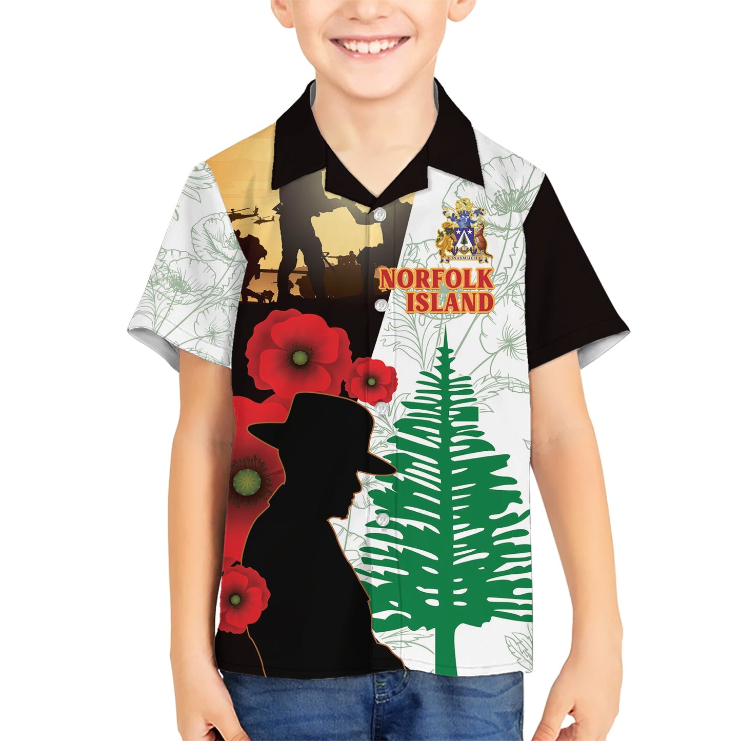 Norfolkinsel ANZAC Day Hawaiihemd Kiefer mit Mohnblumen Lest We Forget LT14