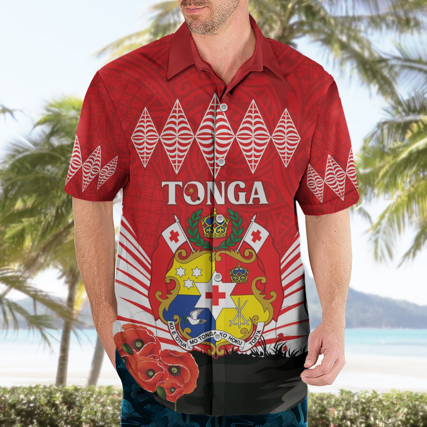 Tonga ANZAC Day Hawaiihemd Camouflage mit Mohnblumen Lest We Forget LT14