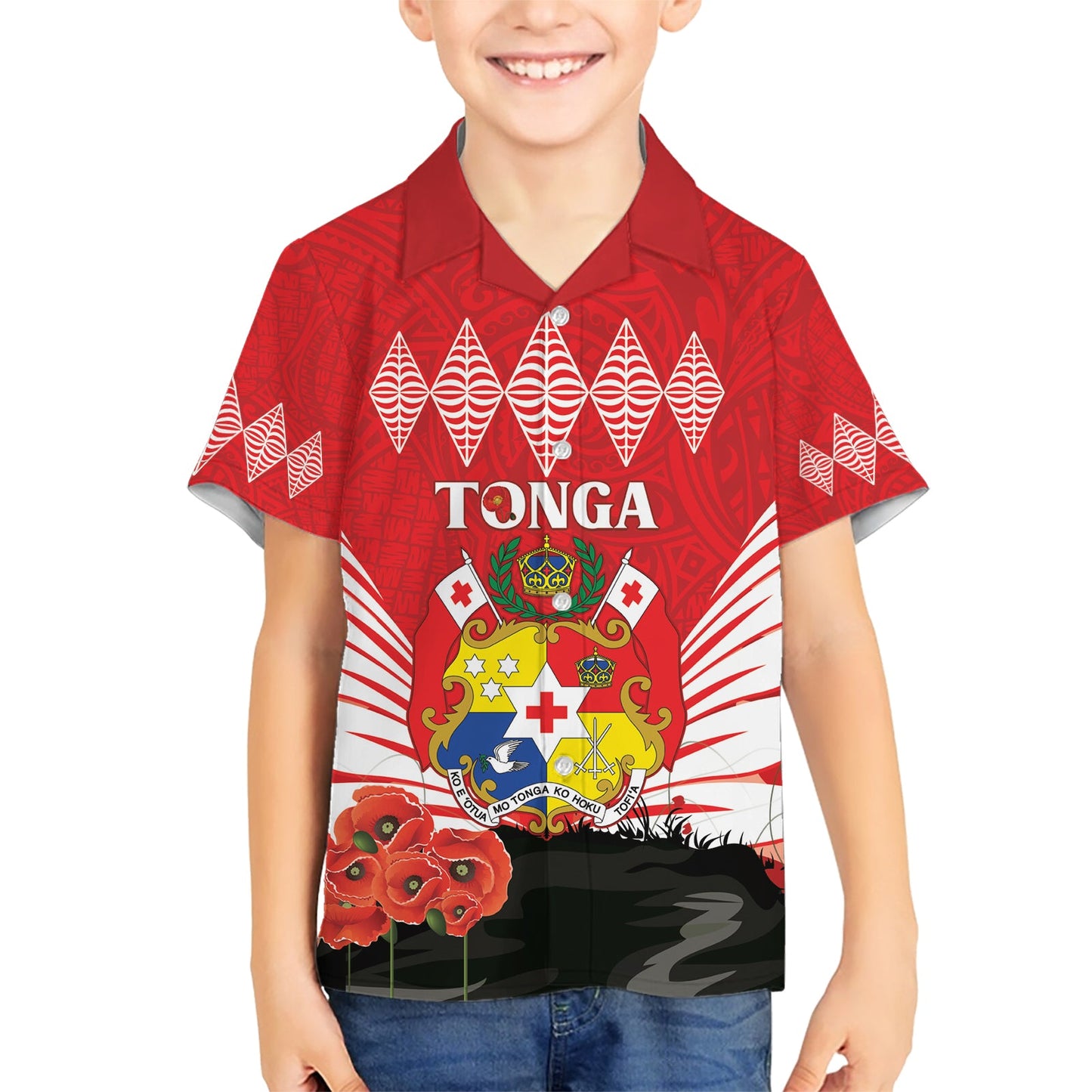Tonga ANZAC Day Hawaiihemd Camouflage mit Mohnblumen Lest We Forget LT14