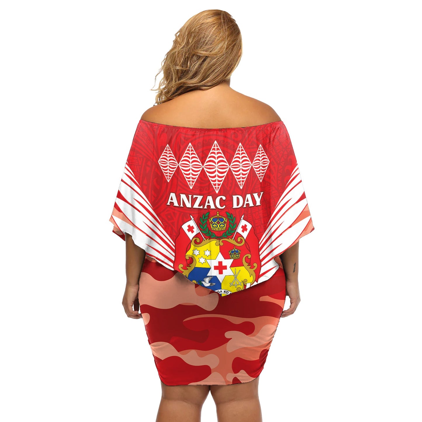 Tonga ANZAC Day Schulterfreies, kurzes Kleid blumen, Camouflage mit Mohnblumen, Lest We Forget LT14