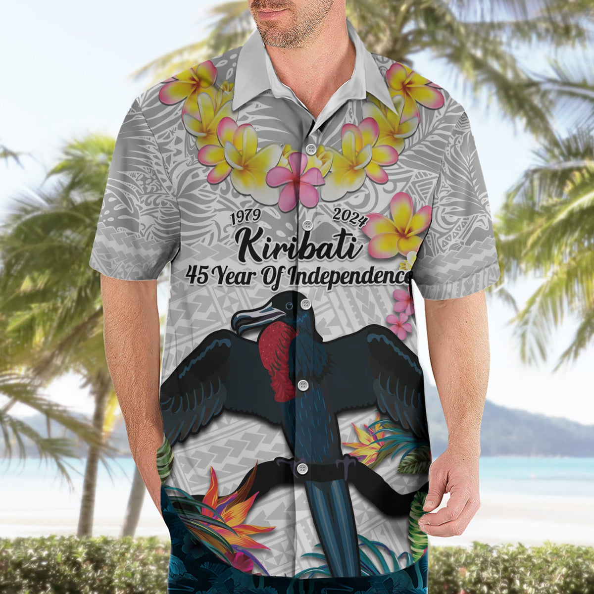 Kiribati Unabhängigkeitstag Hawaiihemd Fregattvogel Mix Tropische Blumen - Weiß Stil LT14